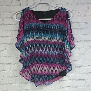 Roz & Ali Petite XS Purple Teal Aztec Flowy Short Sleeve Scarf Drape Tank Blouse